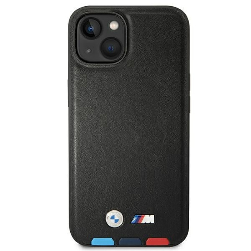 BMW BMHMP14M22PTDK puzdro na Apple iPhone 14 Plus / 15 Plus, Leather Stamp Tricolor MagSafe, čierne