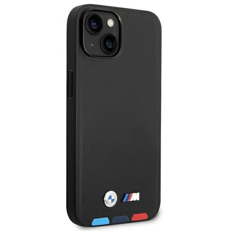 BMW BMHMP14M22PTDK puzdro na Apple iPhone 14 Plus / 15 Plus, Leather Stamp Tricolor MagSafe, čierne