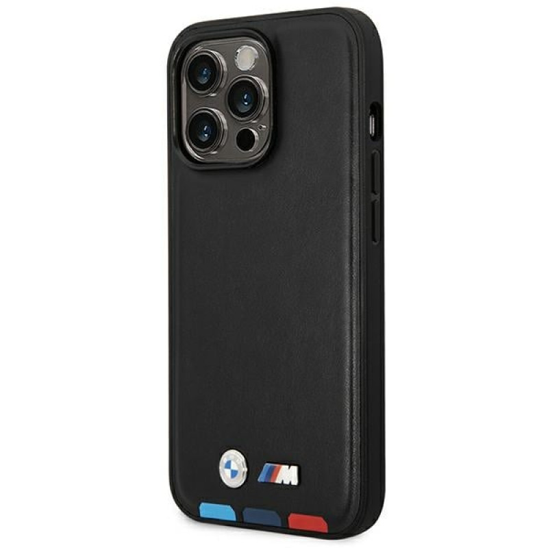 BMW BMHMP14X22PTDK puzdro na Apple iPhone 14 Pro Max, Leather Stamp Tricolor MagSafe, čierne