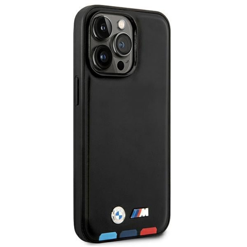 BMW BMHMP14X22PTDK puzdro na Apple iPhone 14 Pro Max, Leather Stamp Tricolor MagSafe, čierne