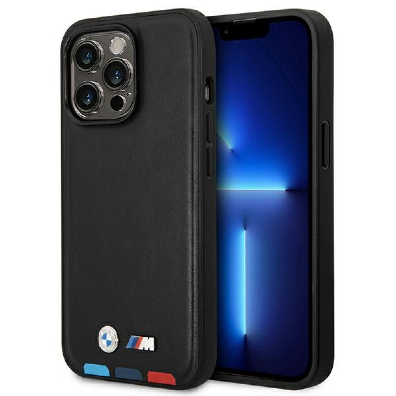 BMW BMHMP14L22PTDK puzdro na Apple iPhone 14 Pro, Leather Stamp Tricolor MagSafe, čierne