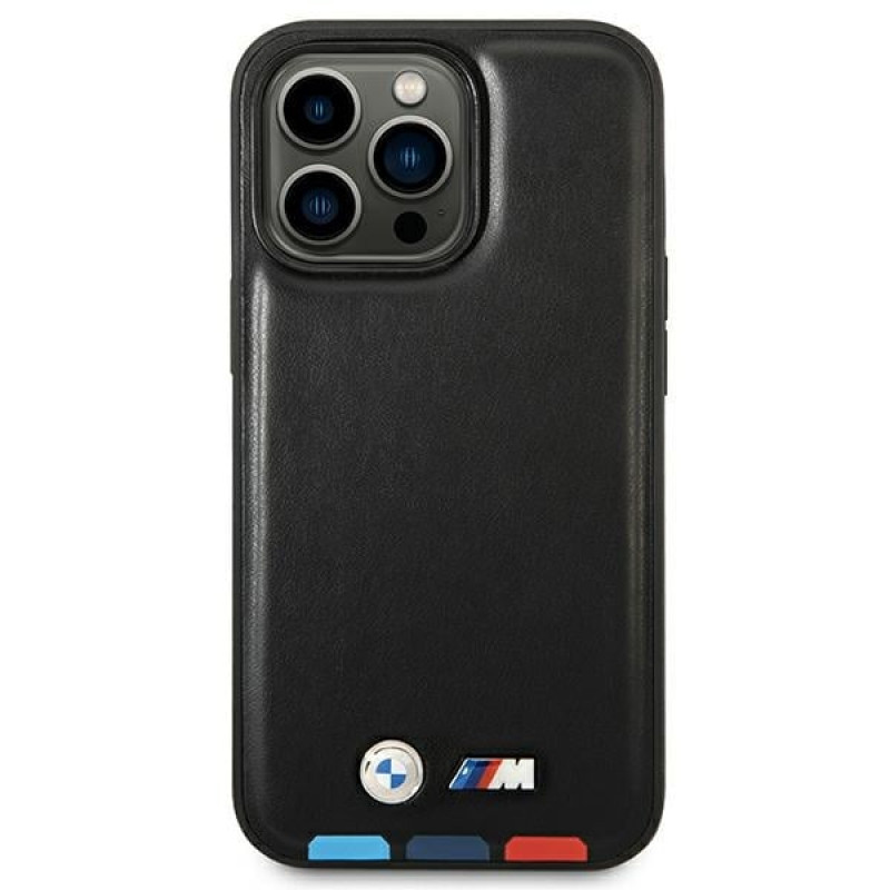 BMW BMHMP14L22PTDK puzdro na Apple iPhone 14 Pro, Leather Stamp Tricolor MagSafe, čierne