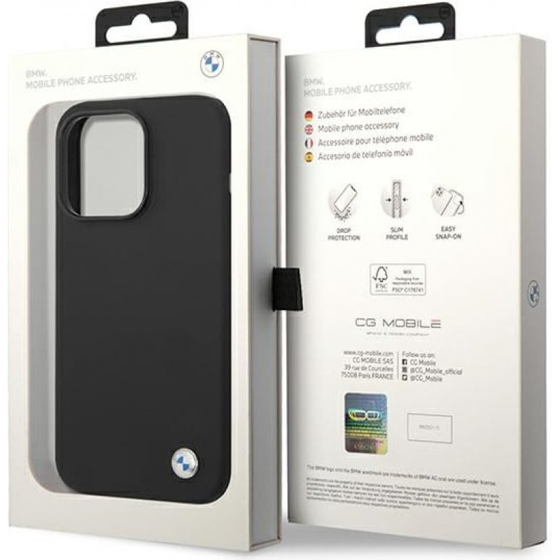 BMW BMHCP14XSILBK Silicone Metal Logo puzdro na Apple iPhone 14 Pro Max 6,7", čierne