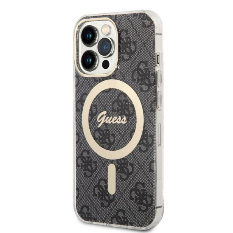 Guess GUBPP13LH4EACSK puzdro + bezdrôtová nabíjačka pre Apple iPhone 13 Pro, čierne pevné puzdro 4G Print MagSafe