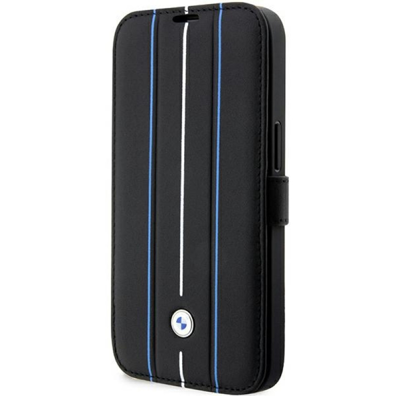 BMW BMBKP14L22RVSK Leather Stamp Blue Lines puzdro na knihu pre Apple iPhone 14 Pro 6.1", čierne