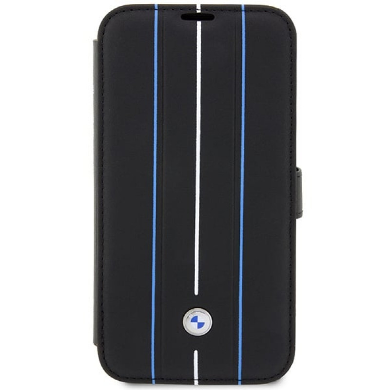 BMW BMBKP14L22RVSK Leather Stamp Blue Lines puzdro na knihu pre Apple iPhone 14 Pro 6.1", čierne
