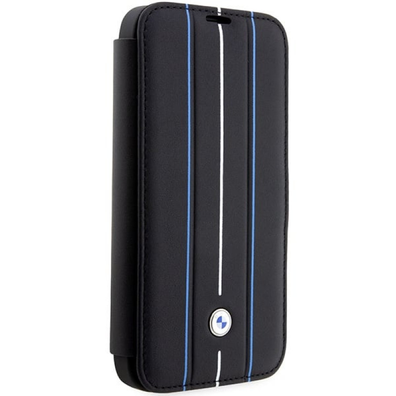 BMW BMBKP14L22RVSK Leather Stamp Blue Lines puzdro na knihu pre Apple iPhone 14 Pro 6.1", čierne