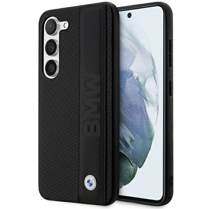 BMW BMHCS23M22RDPK puzdro hardcase Leather Textured & Stripe pre Samsung Galaxy S23+ (S916), čierne