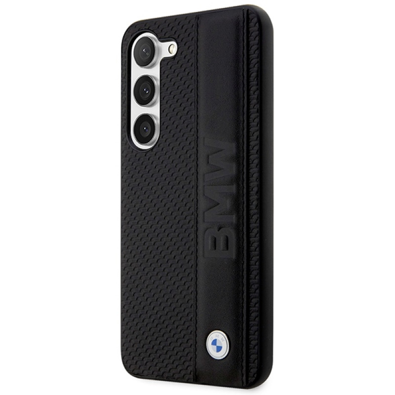 BMW BMHCS23M22RDPK puzdro hardcase Leather Textured & Stripe pre Samsung Galaxy S23+ (S916), čierne