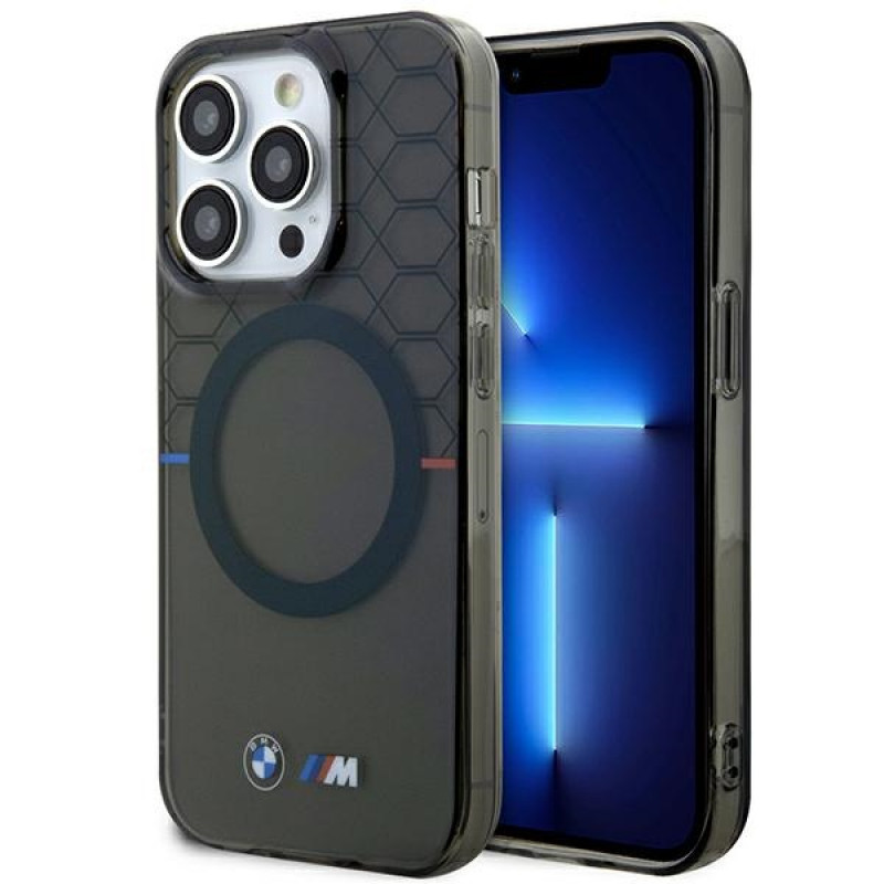 BMW BMHMP14LHGPK Pattern MagSafe pevné puzdro pre Apple iPhone 14 Pro, sivé