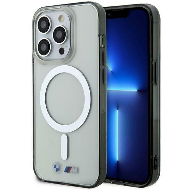 BMW BMHMP14XHCRS strieborný prsteň MagSafe pevné puzdro pre Apple iPhone 14 Pro Max, transparentné