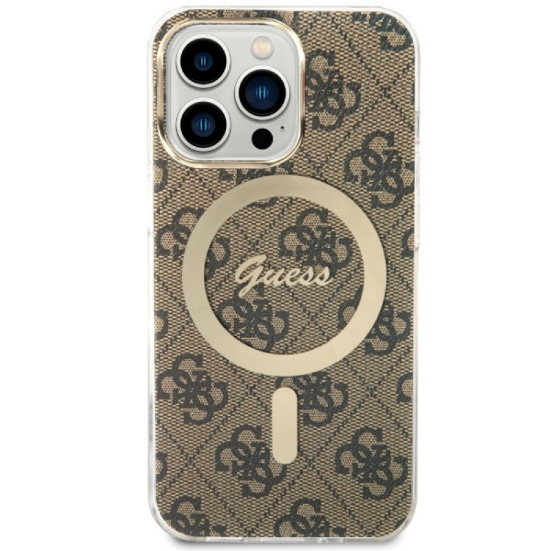 Guess GUHMP13LH4STW 4G MagSafe pevné puzdro pre Apple iPhone 13 Pro, hnedé