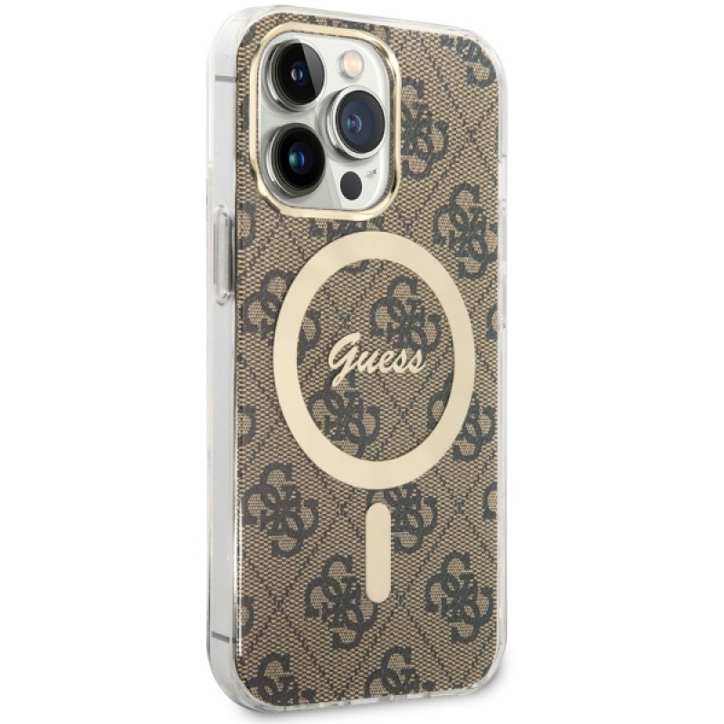 Guess GUHMP13LH4STW 4G MagSafe pevné puzdro pre Apple iPhone 13 Pro, hnedé