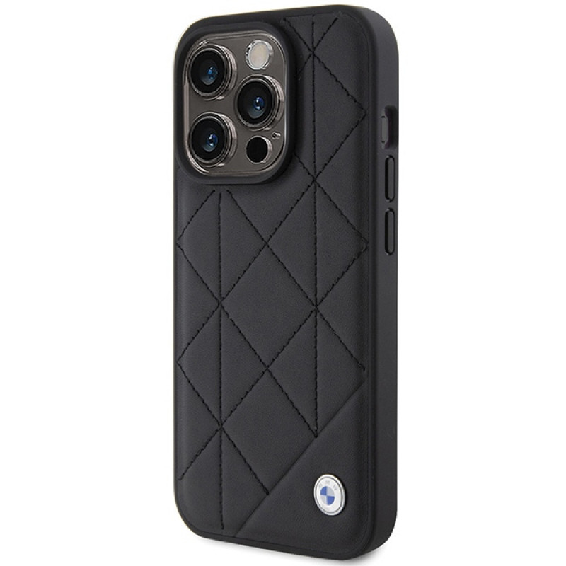 BMW BMHCP15X22RQDK Kožené prešívané puzdro pre Apple iPhone 15 Pro Max, čierne