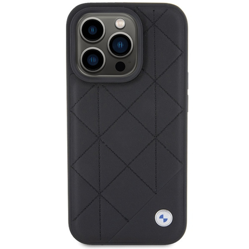 BMW BMHCP15X22RQDK Kožené prešívané puzdro pre Apple iPhone 15 Pro Max, čierne