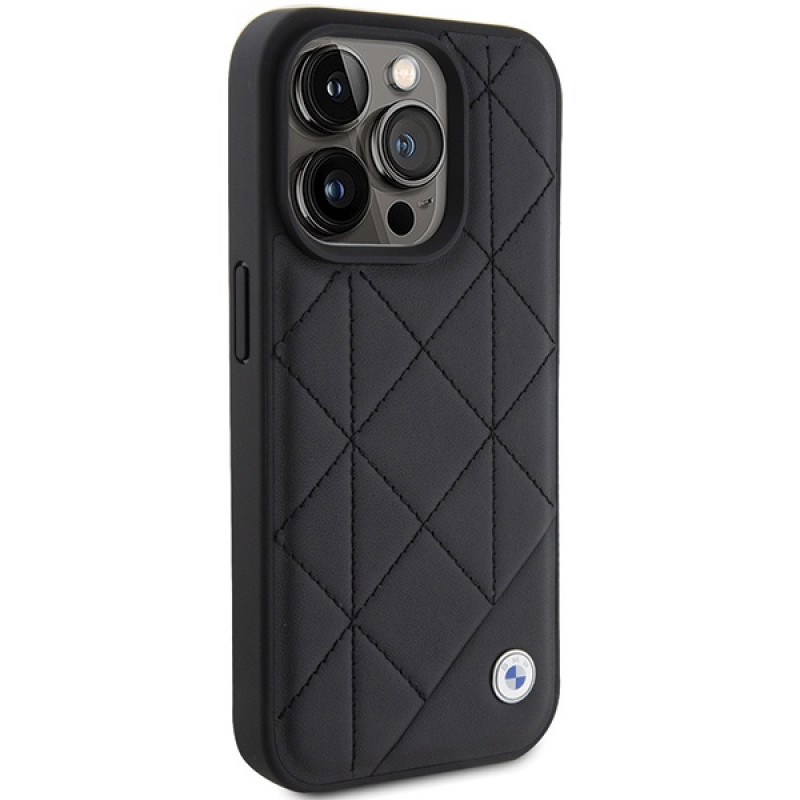 BMW BMHCP15X22RQDK Kožené prešívané puzdro pre Apple iPhone 15 Pro Max, čierne