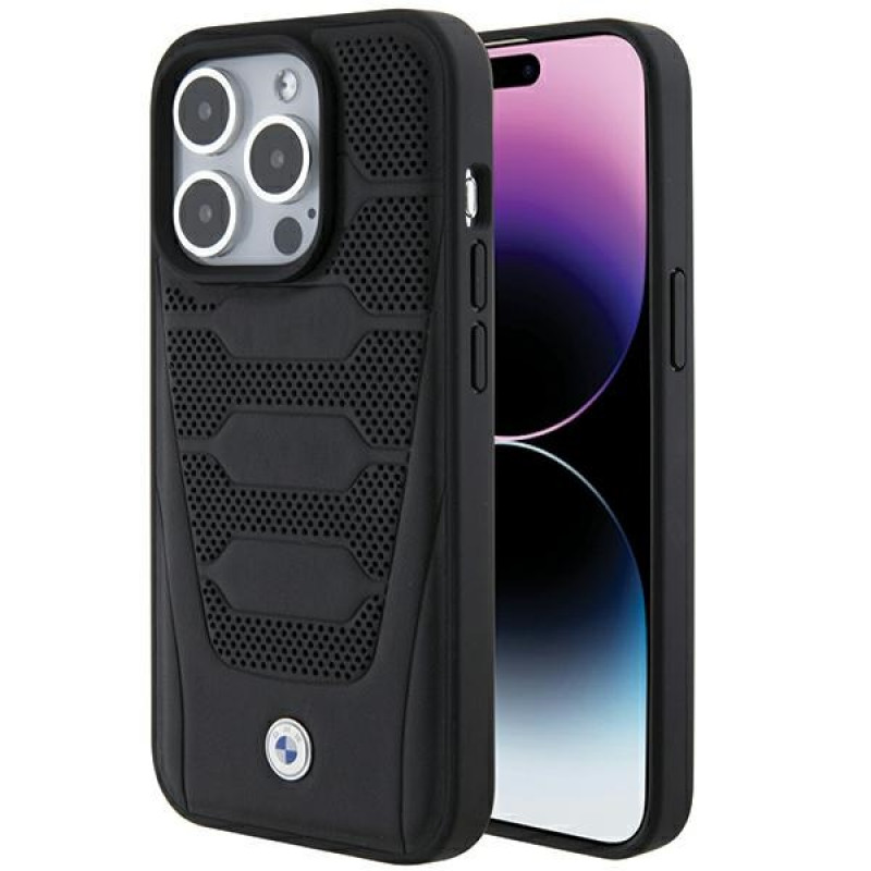 BMW BMHCP15X22RPSK puzdro Hardcase s motívom kožených sedadiel pre Apple iPhone 15 Pro Max, čierne