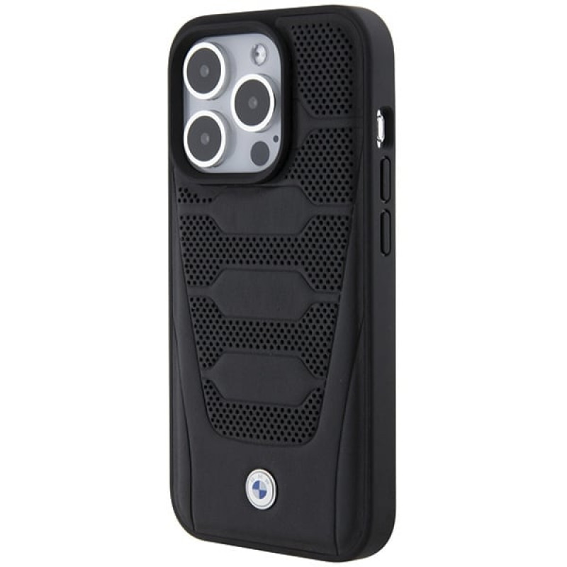 BMW BMHCP15X22RPSK puzdro Hardcase s motívom kožených sedadiel pre Apple iPhone 15 Pro Max, čierne