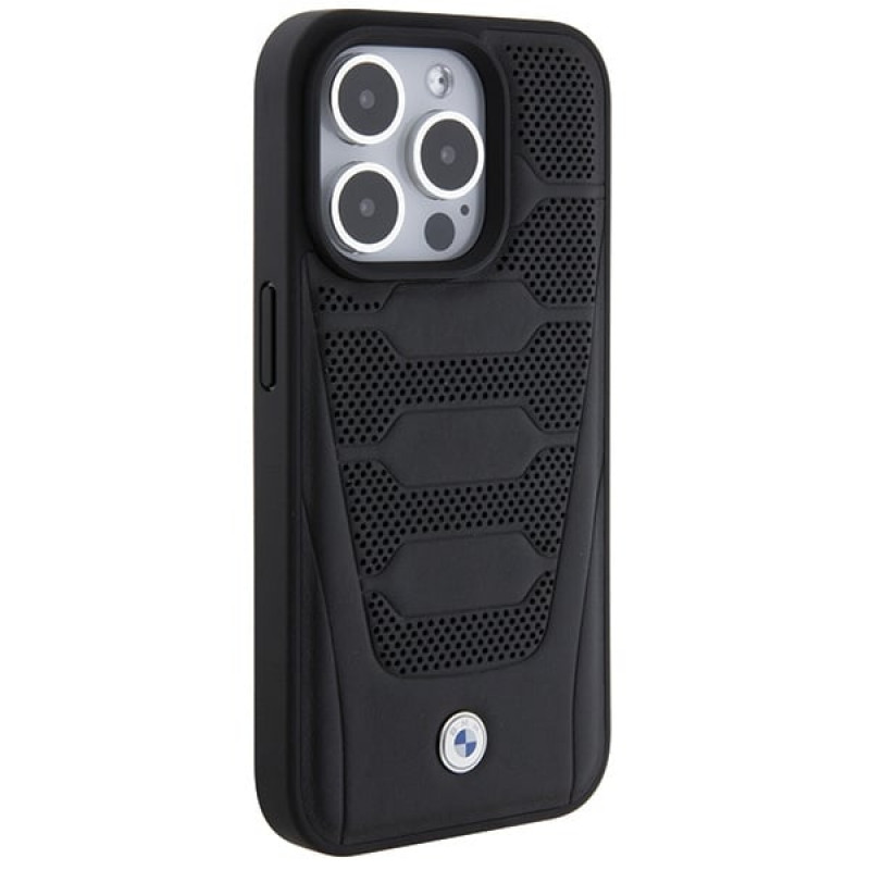 BMW BMHCP15X22RPSK puzdro Hardcase s motívom kožených sedadiel pre Apple iPhone 15 Pro Max, čierne