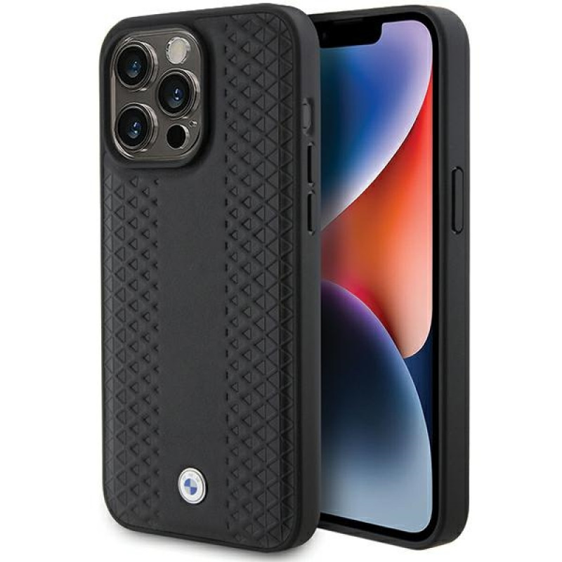 BMW BMHCP15L22RFGK kožené puzdro s diamantovým vzorom pre Apple iPhone 15 Pro, čierne