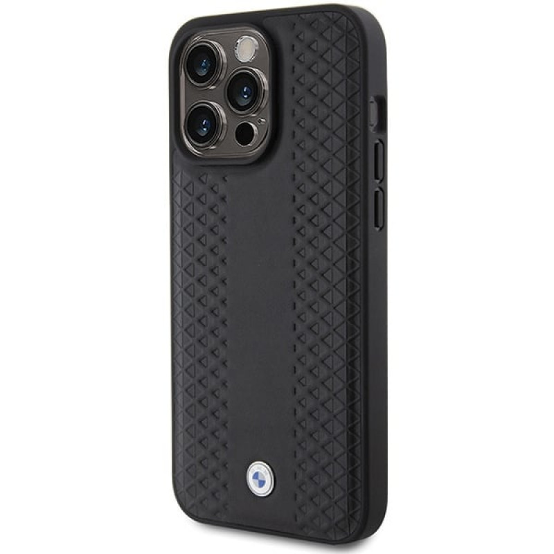 BMW BMHCP15L22RFGK kožené puzdro s diamantovým vzorom pre Apple iPhone 15 Pro, čierne