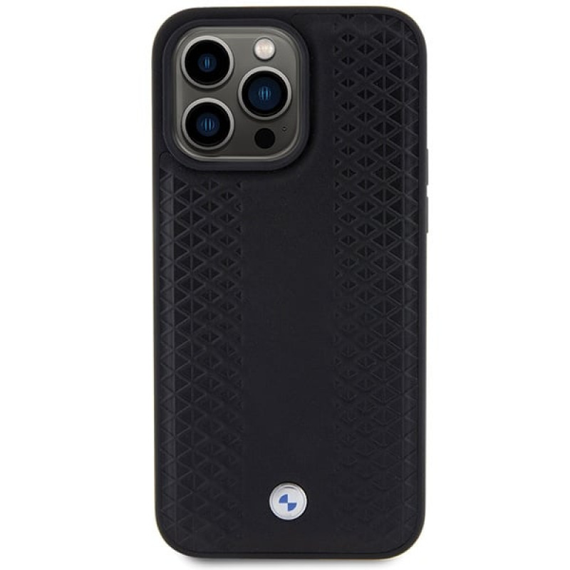 BMW BMHCP15L22RFGK kožené puzdro s diamantovým vzorom pre Apple iPhone 15 Pro, čierne