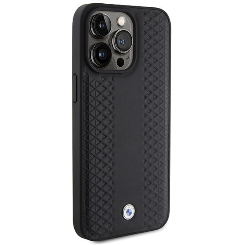 BMW BMHCP15L22RFGK kožené puzdro s diamantovým vzorom pre Apple iPhone 15 Pro, čierne