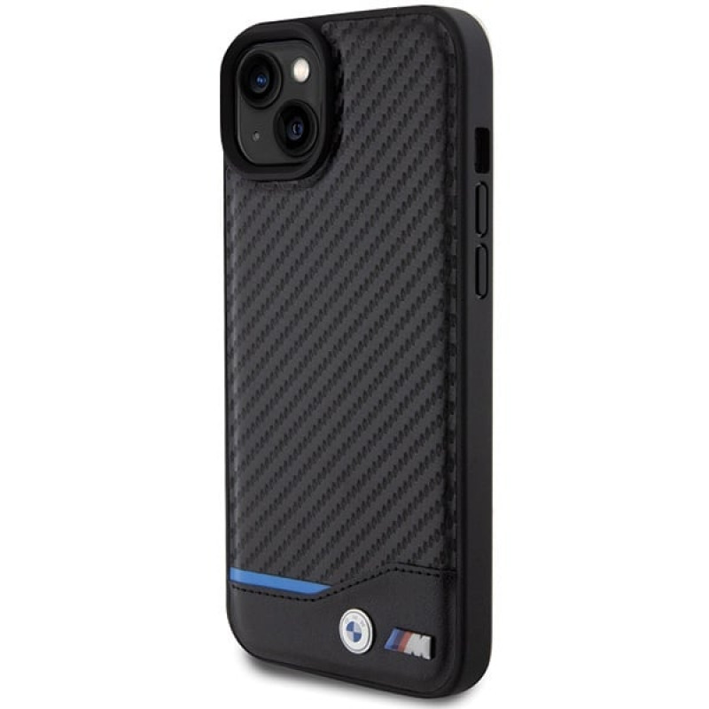 BMW BMHCP15M22NBCK Leather Carbon Hardcase pre Apple iPhone 15 Plus / 14 Plus, čierny