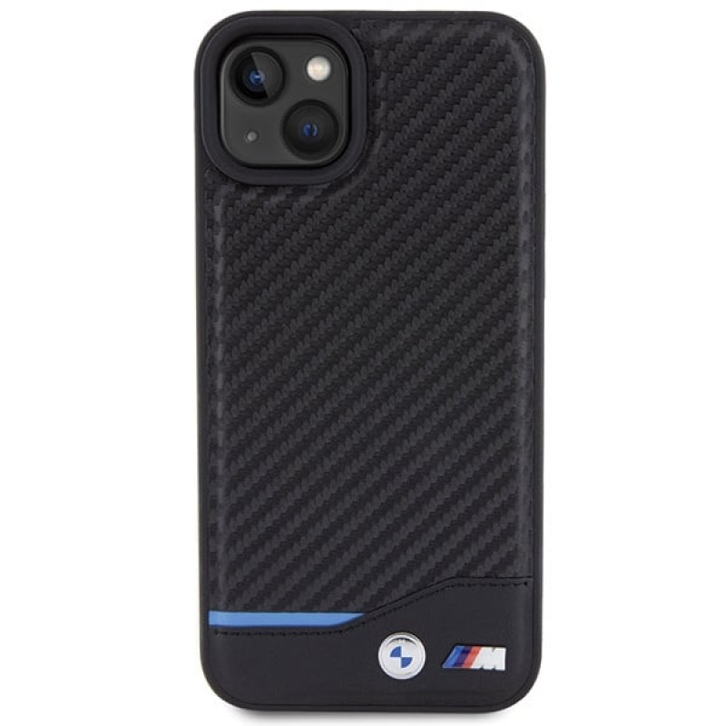 BMW BMHCP15M22NBCK Leather Carbon Hardcase pre Apple iPhone 15 Plus / 14 Plus, čierny