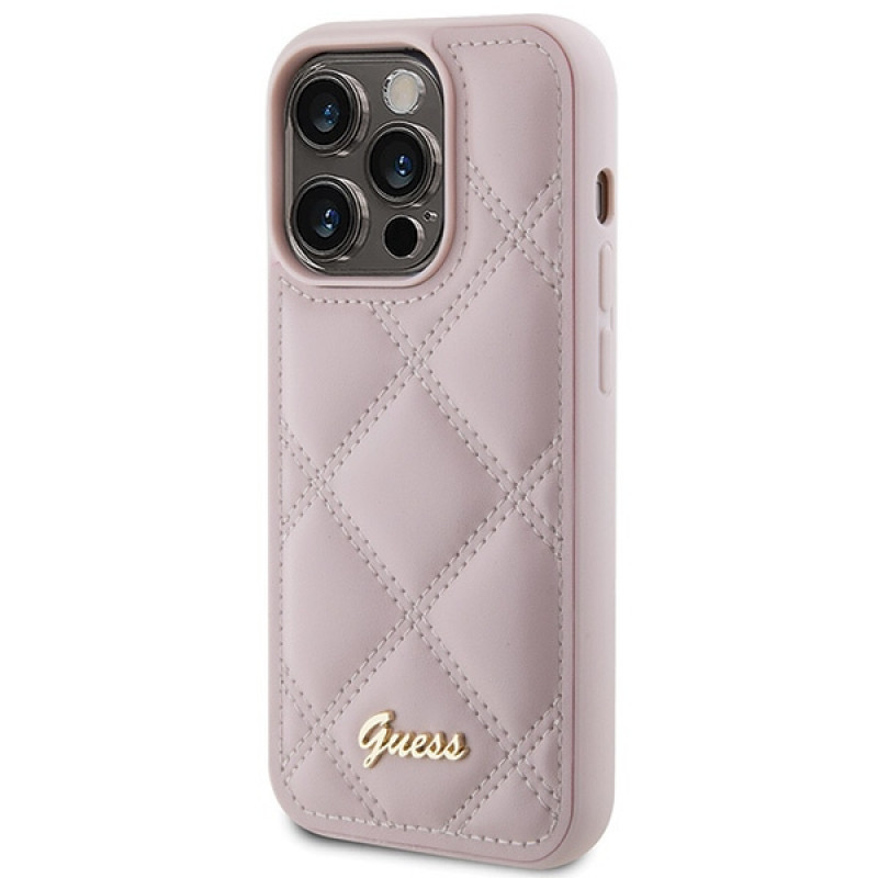 Guess GUHCP15LPSQSQSP Quilted Metal Logo Hardcase pre Apple iPhone 15 Pro, ružový