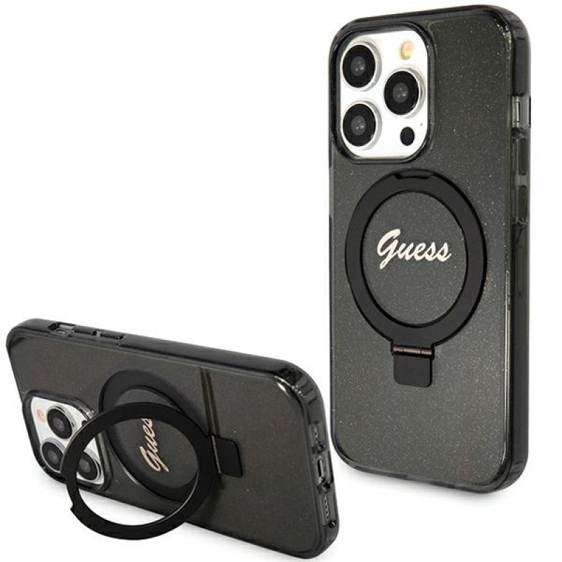 Guess GUHMP15LHRSGSK Ring Stand Script Glitter MagSafe pevné puzdro pre Apple iPhone 15 Pro, čierne