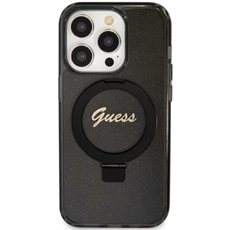 Guess GUHMP15LHRSGSK Ring Stand Script Glitter MagSafe pevné puzdro pre Apple iPhone 15 Pro, čierne
