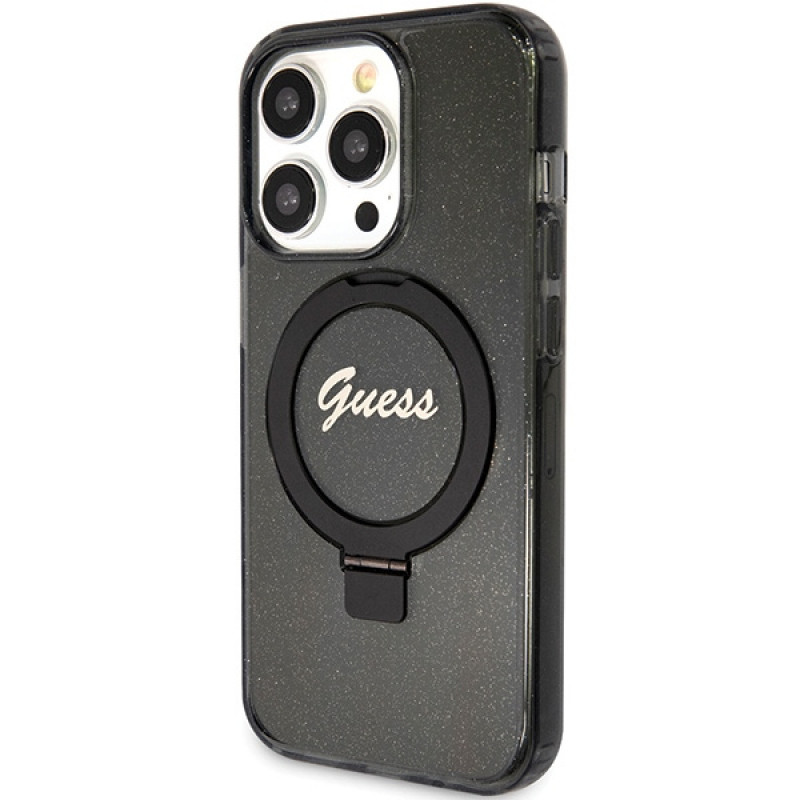 Guess GUHMP15XHRSGSK Ring Stand Script Glitter MagSafe pevné puzdro pre Apple iPhone 15 Pro Max, čierne