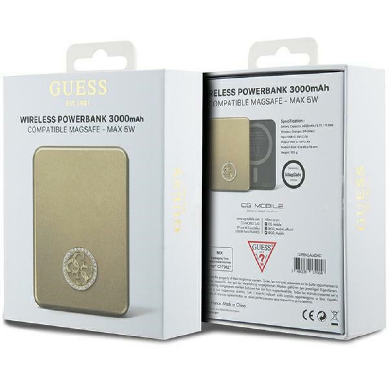 Guess GUPBM3AL4DMD powerbanka 3000 mAh, 5 W, MagSafe 4G Strassed Metal Logo, zlatá