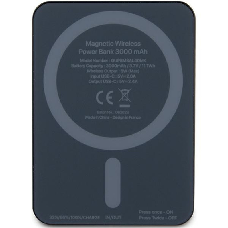 Guess GUPBM3ALGSGK Powerbank 3000 mAh, 5 W, MagSafe Metal Script Logo, čierna