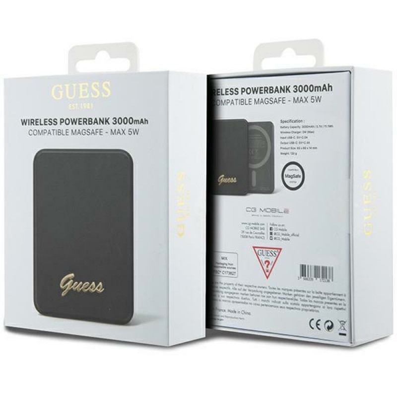 Guess GUPBM3ALGSGK Powerbank 3000 mAh, 5 W, MagSafe Metal Script Logo, čierna