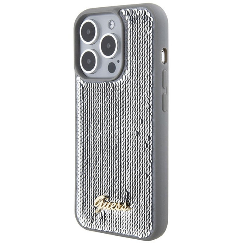 Guess GUHCP15LPSFDGSS Sequin Script Metal pevné puzdro pre Apple iPhone 15 Pro, strieborné