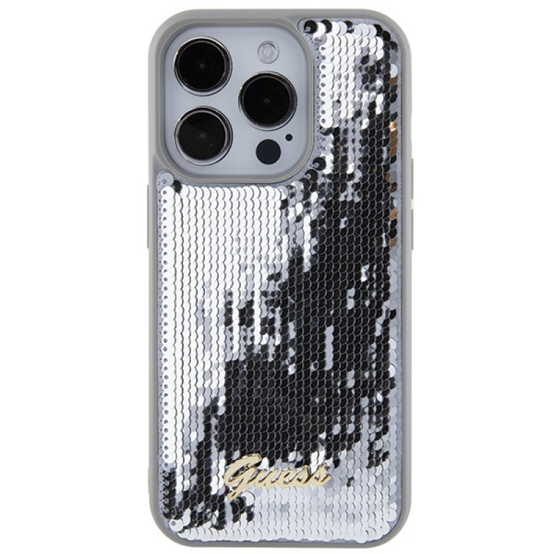 Guess GUHCP15LPSFDGSS Sequin Script Metal pevné puzdro pre Apple iPhone 15 Pro, strieborné