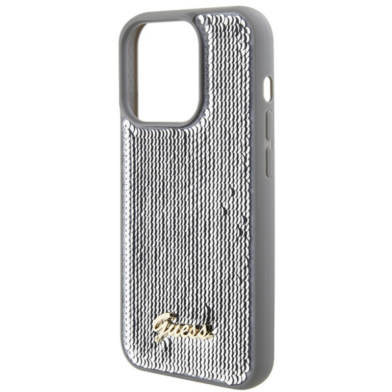 Guess GUHCP15LPSFDGSS Sequin Script Metal pevné puzdro pre Apple iPhone 15 Pro, strieborné