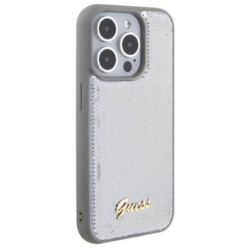 Guess GUHCP15XPSFDGSS Sequin Script Metal pevné puzdro pre Apple iPhone 15 Pro Max, strieborné