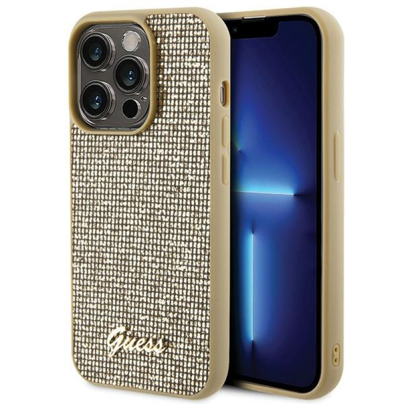 Guess GUHCP15LPMSDGSD Disco Metal Script pevné puzdro pre Apple iPhone 15 Pro, zlaté