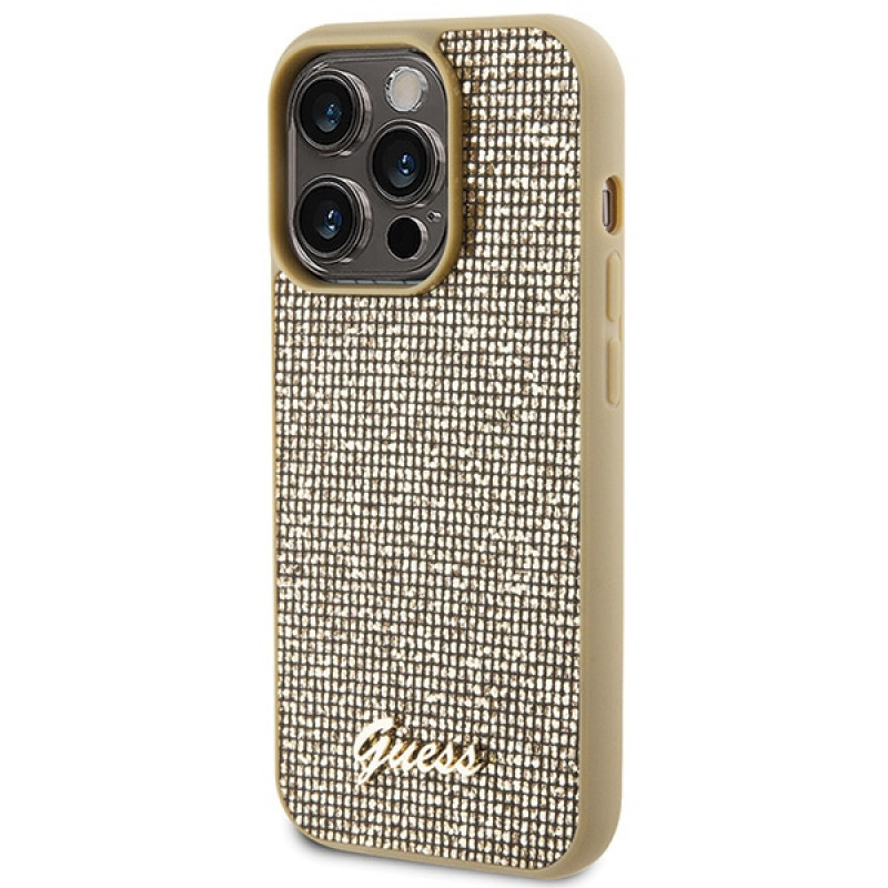 Guess GUHCP15LPMSDGSD Disco Metal Script pevné puzdro pre Apple iPhone 15 Pro, zlaté