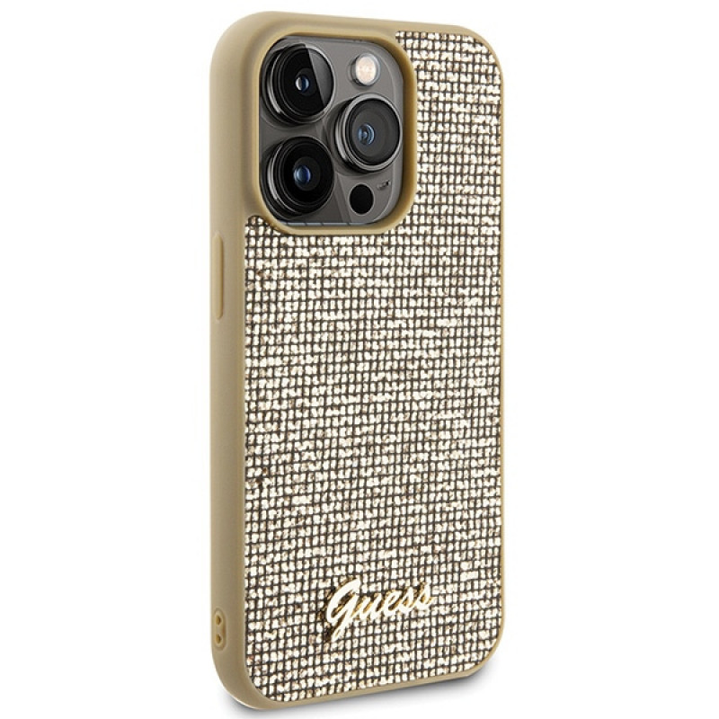 Guess GUHCP15LPMSDGSD Disco Metal Script pevné puzdro pre Apple iPhone 15 Pro, zlaté