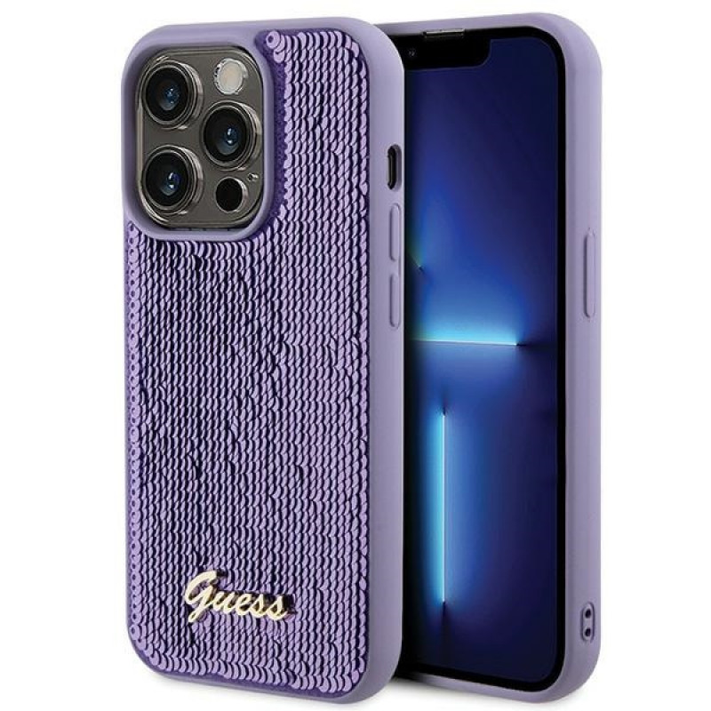 Guess GUHCP15XPSFDGSU Sequin Script Metal pevné puzdro pre Apple iPhone 15 Pro Max, fialové