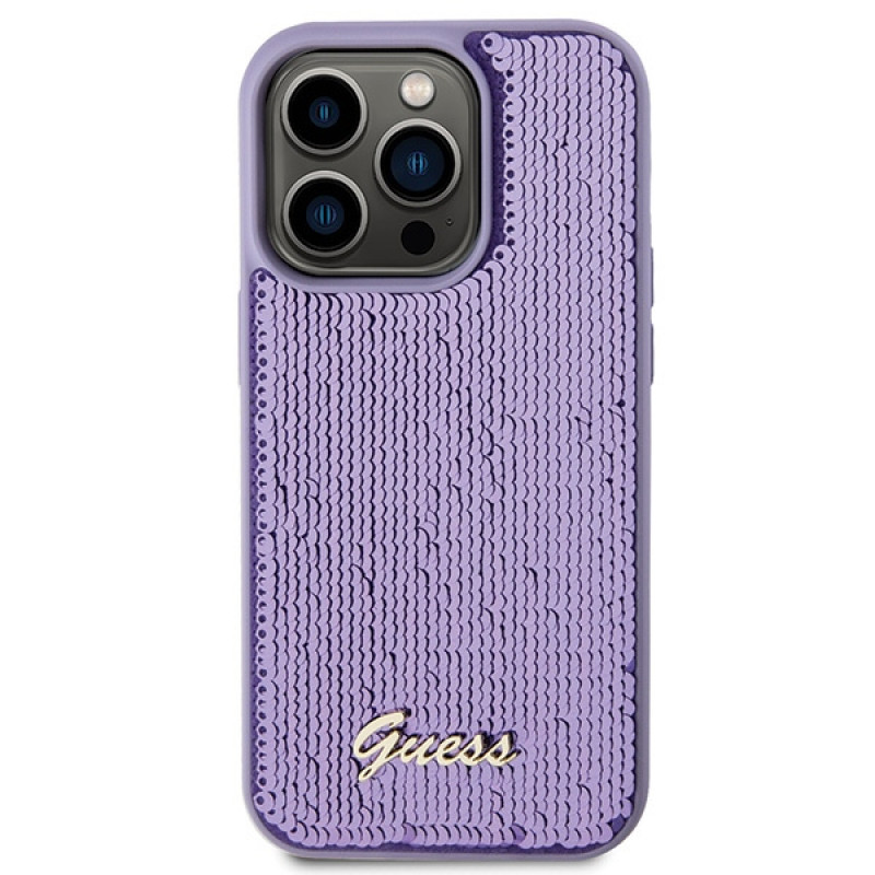 Guess GUHCP15XPSFDGSU Sequin Script Metal pevné puzdro pre Apple iPhone 15 Pro Max, fialové