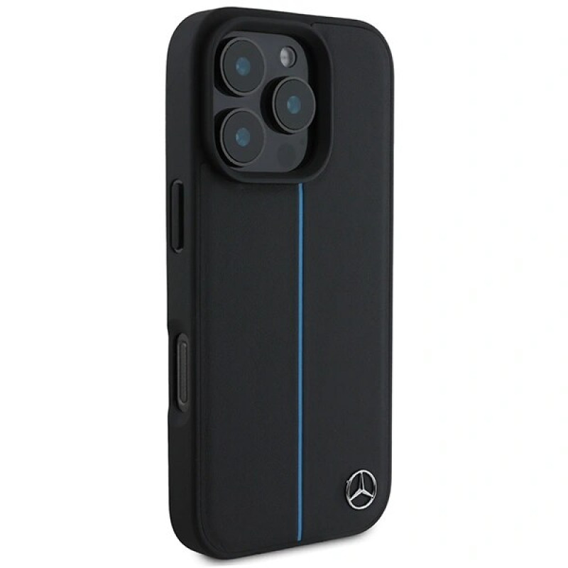 Mercedes MEHMP16L23RURBK Apple iPhone 16 Pro pevné puzdro MB Blue Line Leather MagSafe, čierne