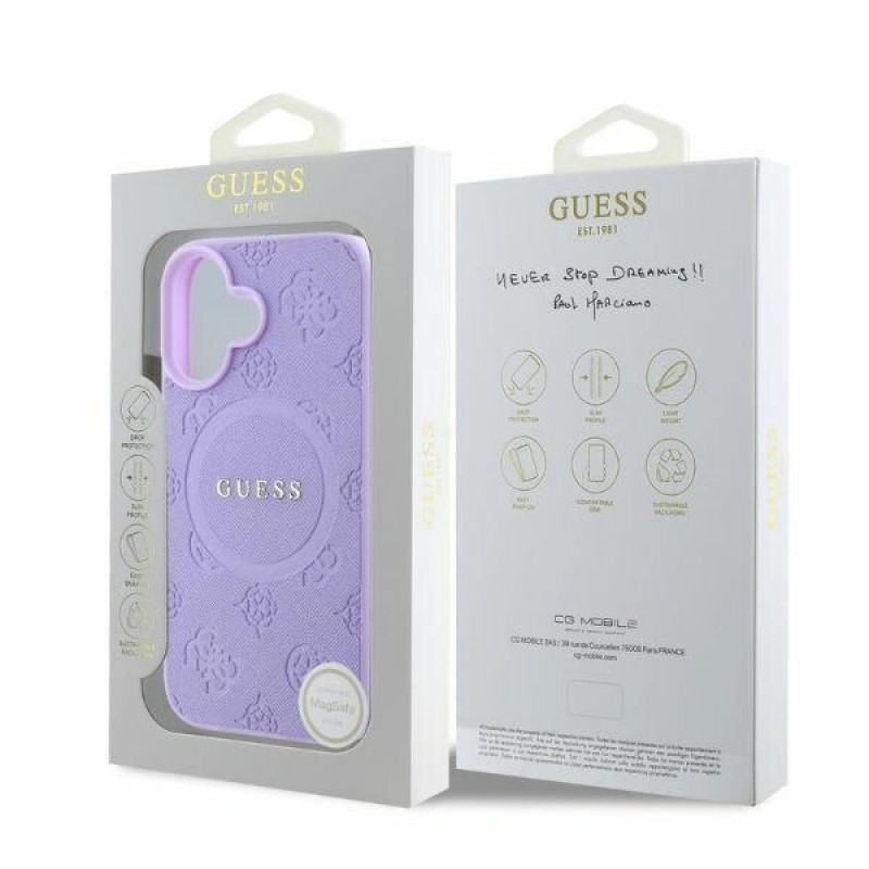 Guess Saffiano Peony Stamp MagSafe puzdro pre Apple iPhone 16, fialové