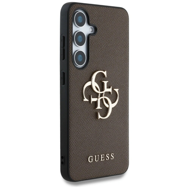 Guess Grained Big 4G Logo Small Classic Logo pevné puzdro pre Samsung Galaxy S25+, hnedé