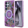 Guess Glitter Flowers Triangle Buttons MagSafe puzdro pre Samsung Galaxy S25 Ultra, fialové