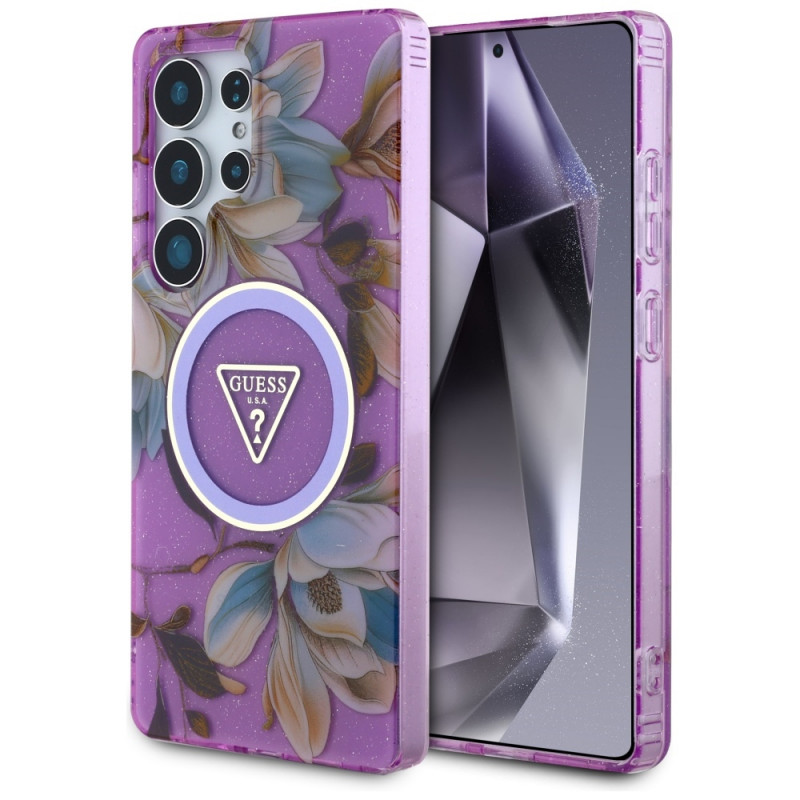 Guess Glitter Flowers Triangle Buttons MagSafe puzdro pre Samsung Galaxy S25 Ultra, fialové